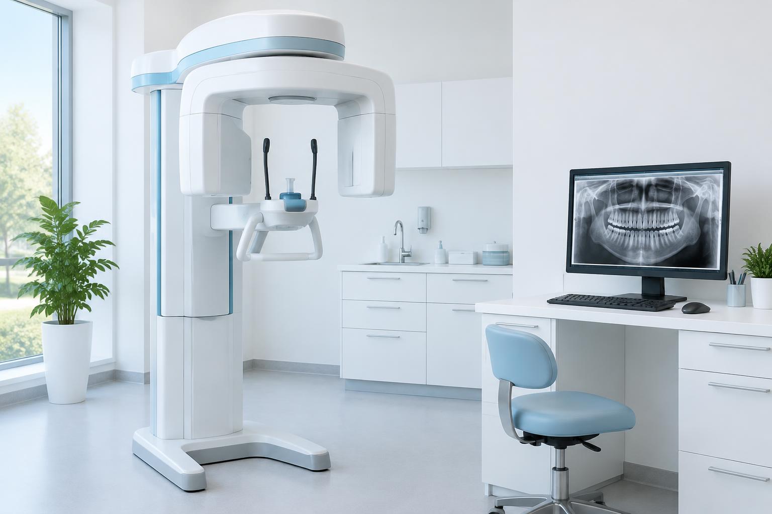 Ilustración de un centro de radiología dental con equipo panorámico y una estación de imágenes