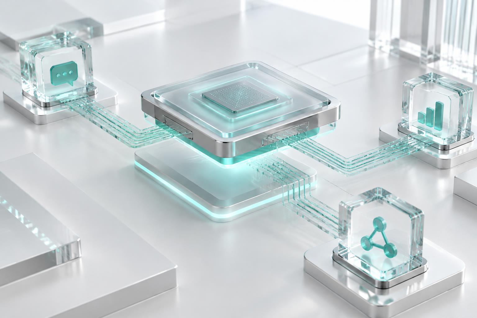 Visualización futurista de un núcleo de IA conectado a módulos de comunicación y analítica